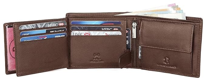 Brown Leather Bifold Wallet for Men with Coin Pocket