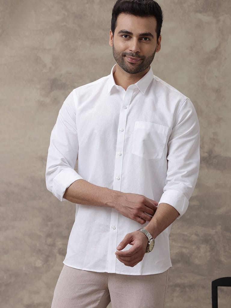 Modern Men Mens Cotton Linen Full Sleeves White Shirt 2025 at ShopCircuit | ONDC