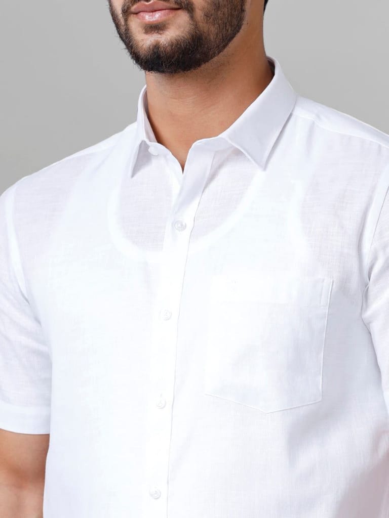 Mens Cotton Linen White Shirt Half Sleeves