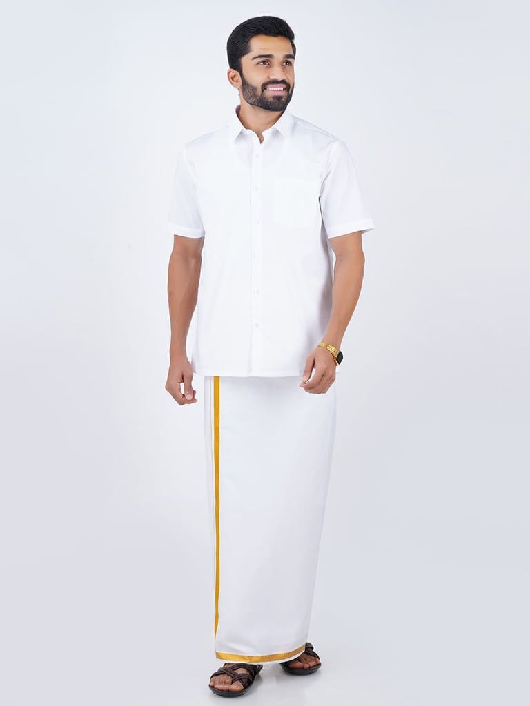 Mens Cotton White Shirt Bit with 1/2" Gold Jari Dhoti Combo Pilot Soft