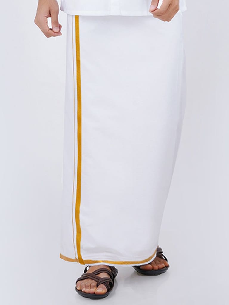 Mens Cotton White Shirt Bit with 1/2" Gold Jari Dhoti Combo Pilot Soft