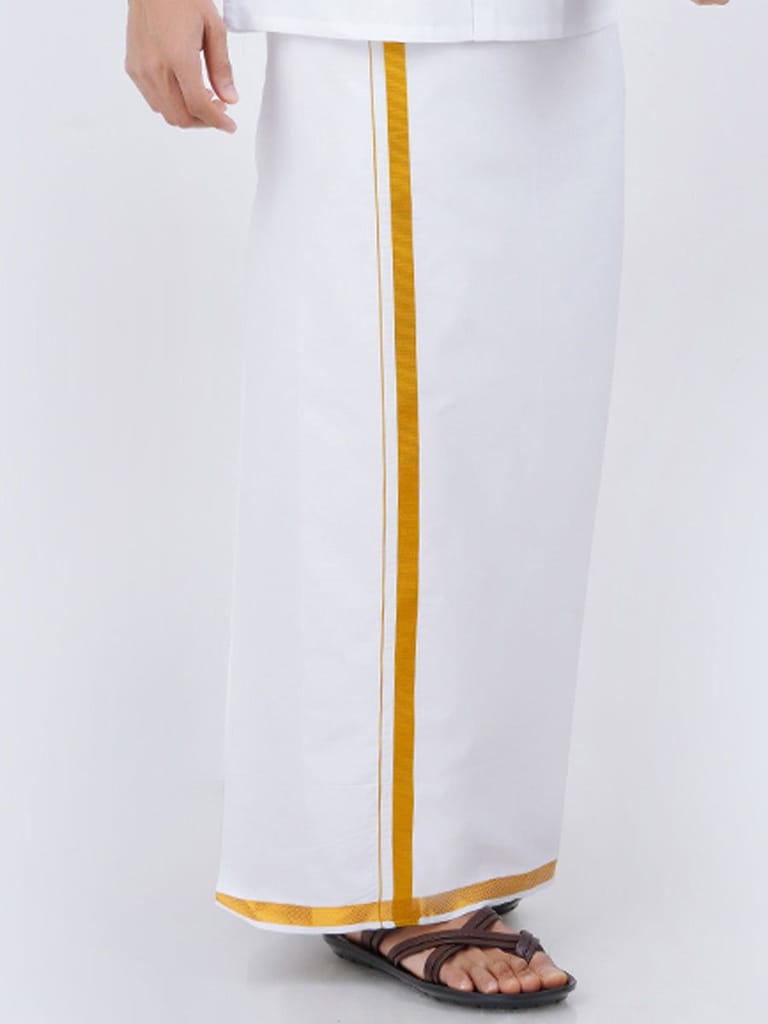 Mens Cotton White Shirt Bit with 1/2" Gold Jari Dhoti Combo Oscar