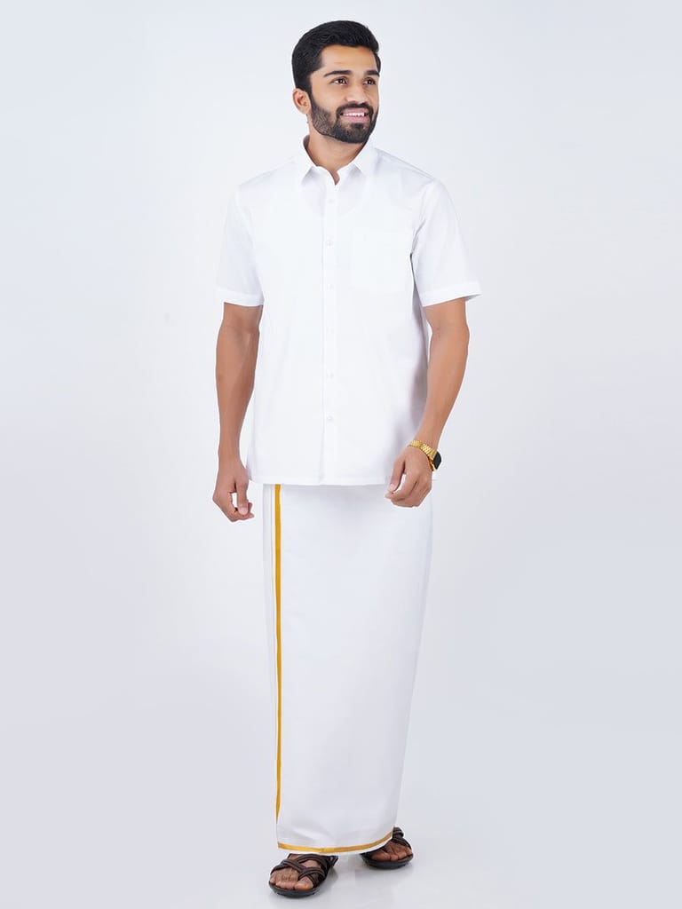 Mens Cotton White Shirt Bit with 1/2" Gold Jari Dhoti Combo Utsav