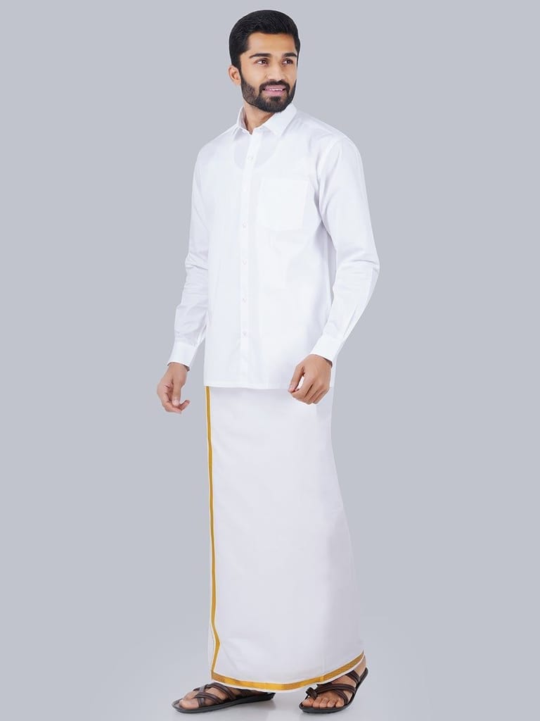 Mens Formal White Shirt with 1/2'' Gold Jari Dhoti Combo