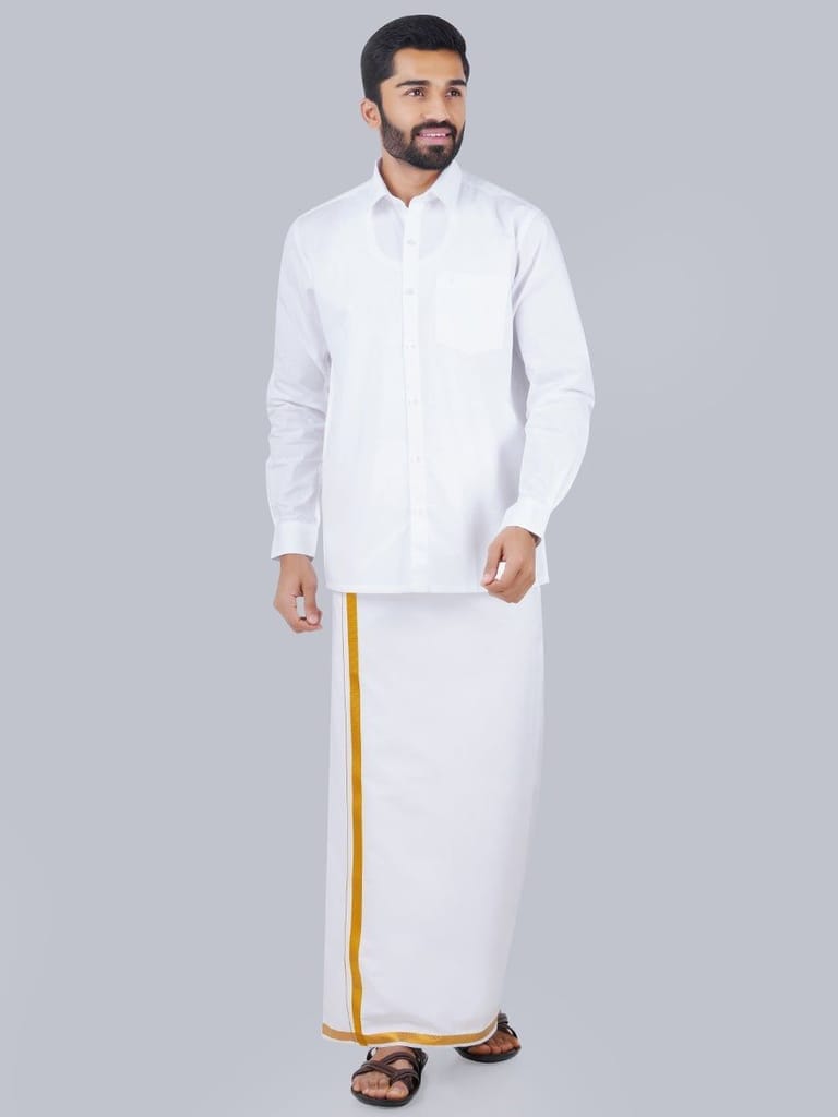 Mens Formal White Shirt with 1/2'' Gold Jari Dhoti Combo