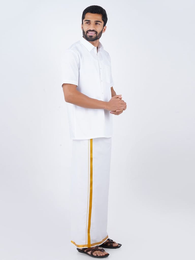 Mens Formal White Shirt with 1/2'' Gold Jari Dhoti Combo