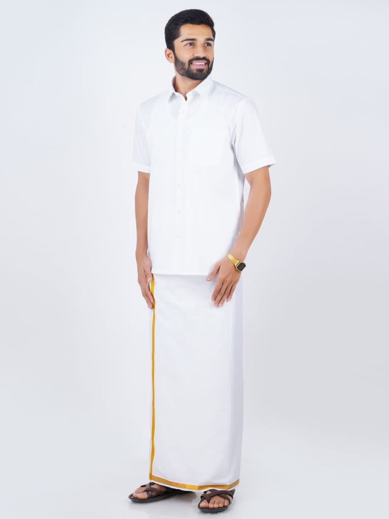 Mens Formal White Shirt with 1/2'' Gold Jari Dhoti Combo