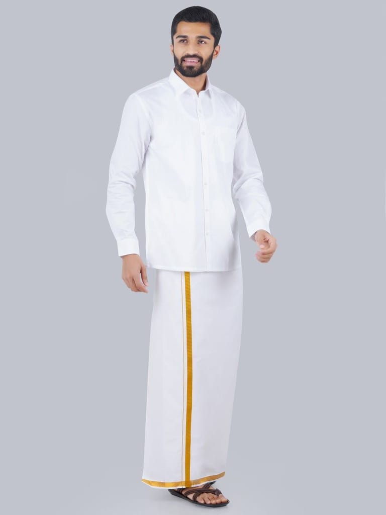 Mens Formal White Shirt with 1/2'' Gold Jari Dhoti Combo