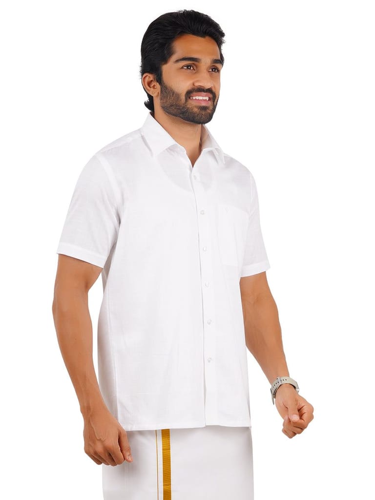 Mens 100% Cotton White Shirt Half Sleeves Celebrity White V2