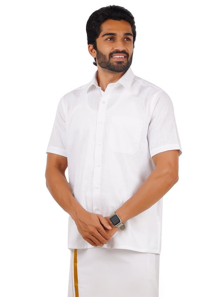 Mens 100% Cotton White Shirt Half Sleeves Celebrity White V2