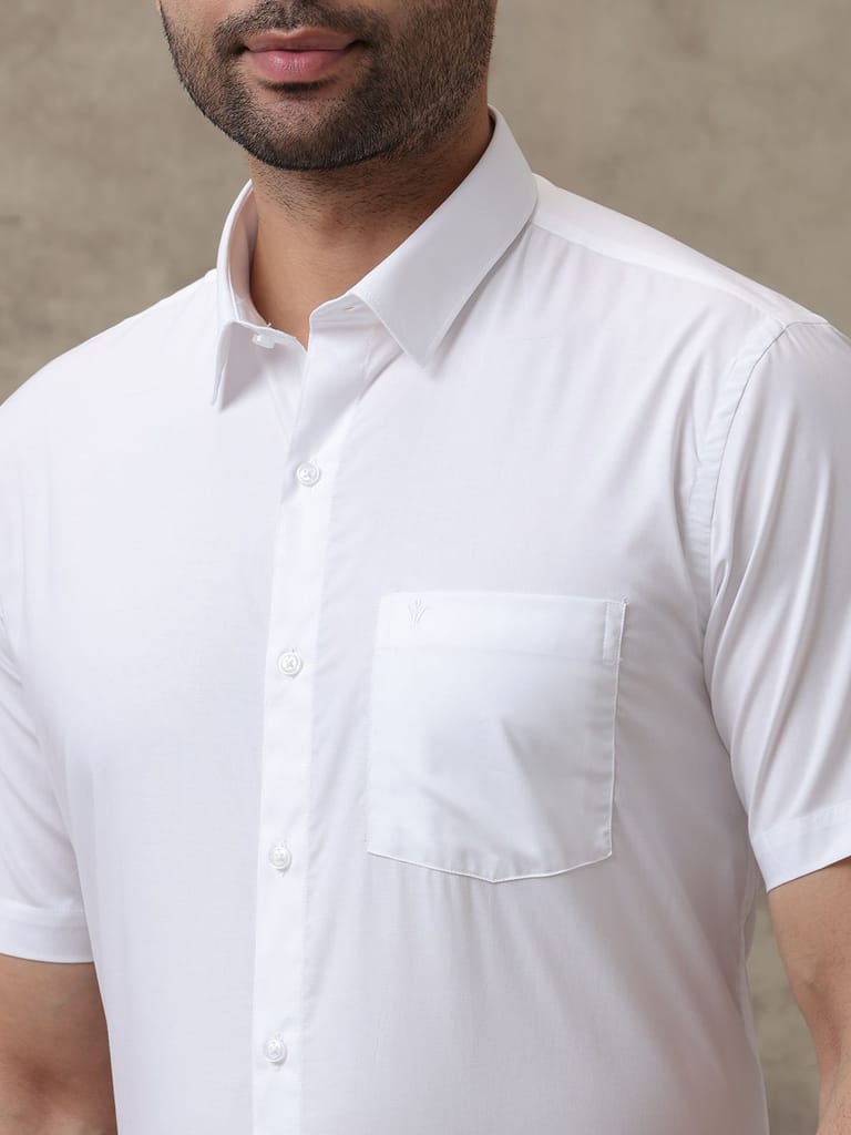 Modern Men Mens Wrinkle Free White Half Sleeves Shirt Soft Touch 2025 at ShopCircuit | ONDC