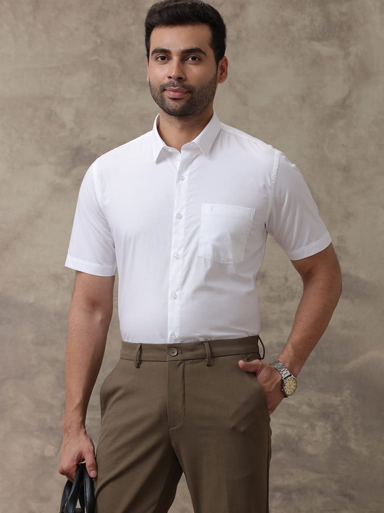 Modern Men Mens Wrinkle Free White Half Sleeves Shirt Soft Touch 2025 at ShopCircuit | ONDC