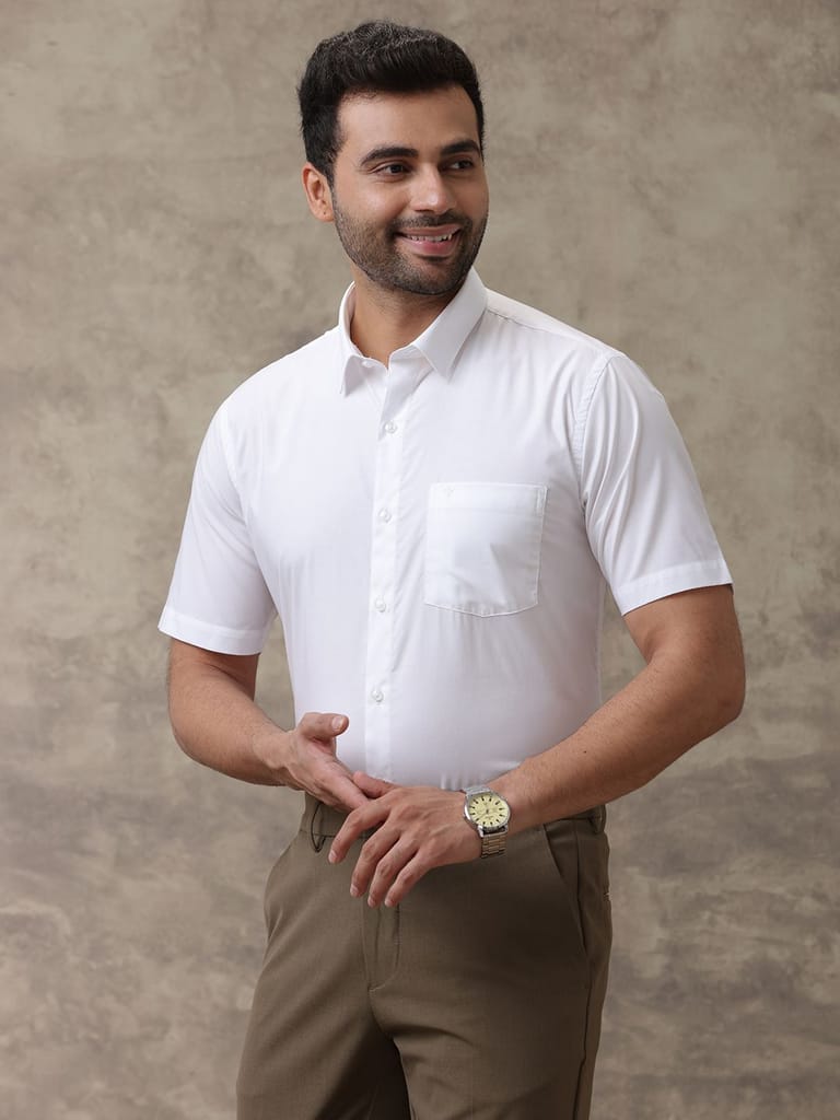 Modern Men Mens Wrinkle Free White Half Sleeves Shirt Soft Touch 2025 at ShopCircuit | ONDC