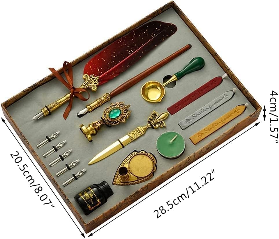 Quill Pen and Ink Set, Calligraphy Feather Pen with Wax Seal Stamp, Includes Feather Dip Pen, Ink, 5 Replacement Nibs, 3 Wax Seal Sticks,Pen Nib Base,Seal Stamp, White Wax,Spoon (red)