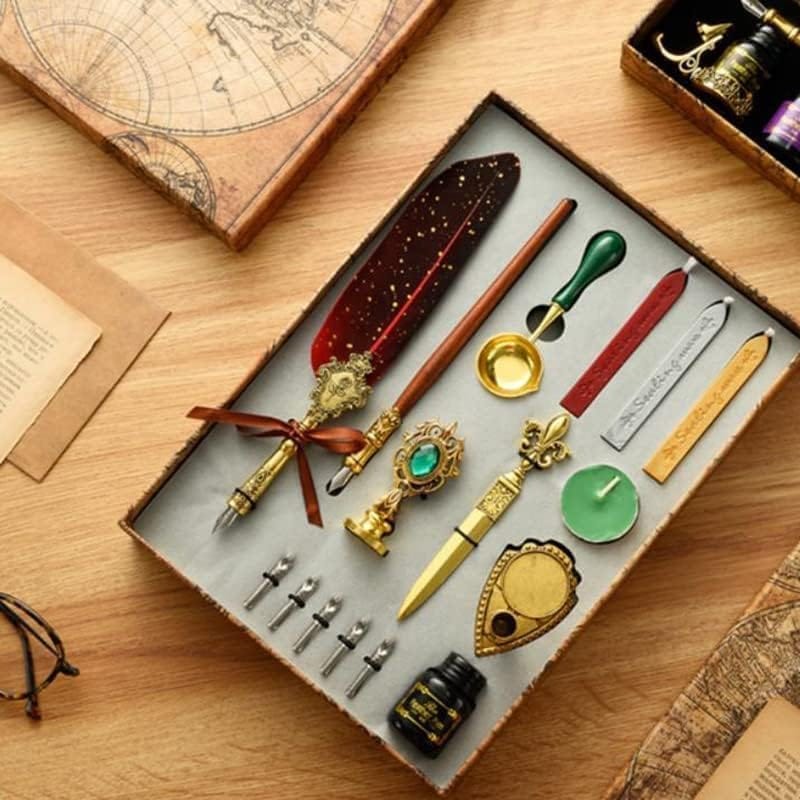 Quill Pen and Ink Set, Calligraphy Feather Pen with Wax Seal Stamp, Includes Feather Dip Pen, Ink, 5 Replacement Nibs, 3 Wax Seal Sticks,Pen Nib Base,Seal Stamp, White Wax,Spoon (red)