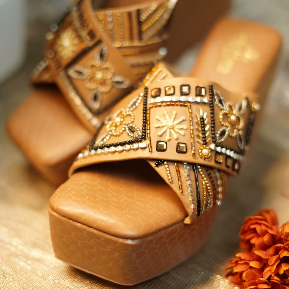 Women's Beaded and Embroidered Wedges with Cross Over Straps and Platform Soles