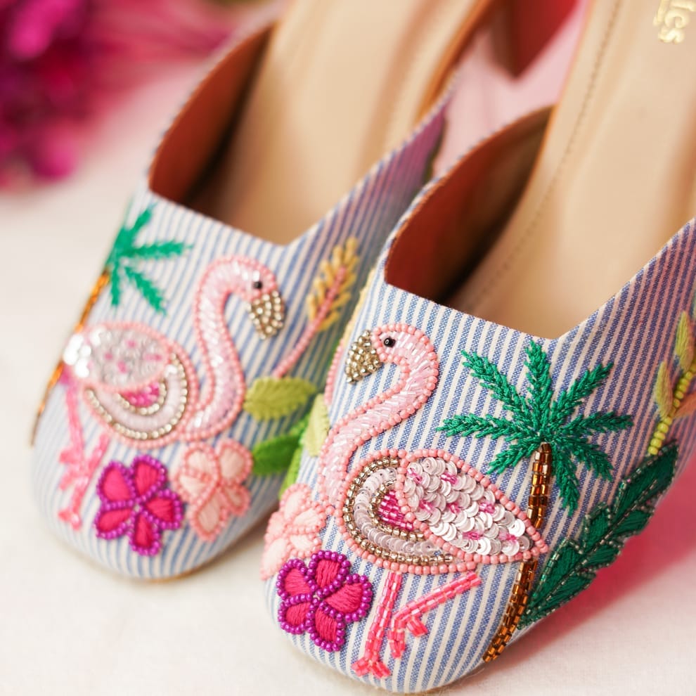 Pink Flamingo Embroidered Mules