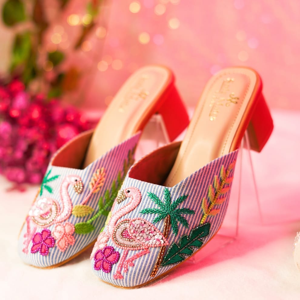 Pink Flamingo Embroidered Mules