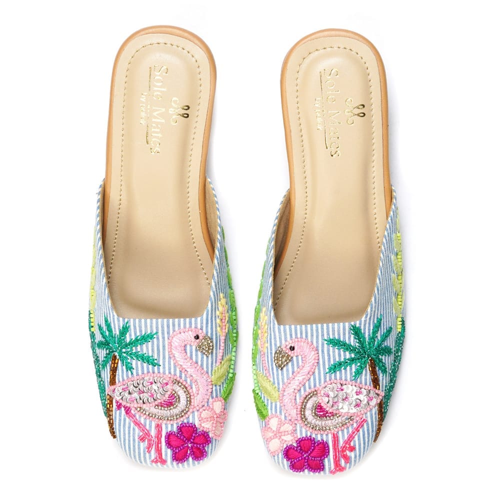 Pink Flamingo Embroidered Mules