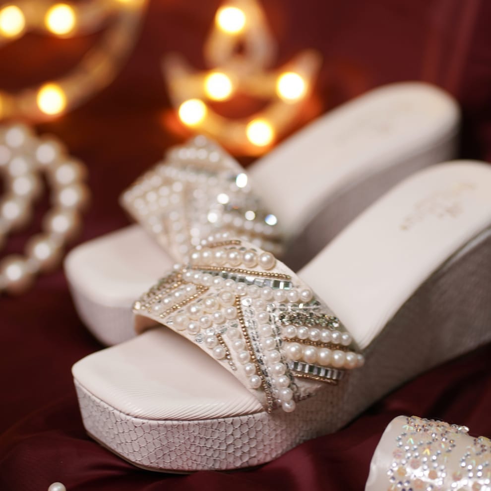 White Pearl and Rhinestone Embellished Wedges