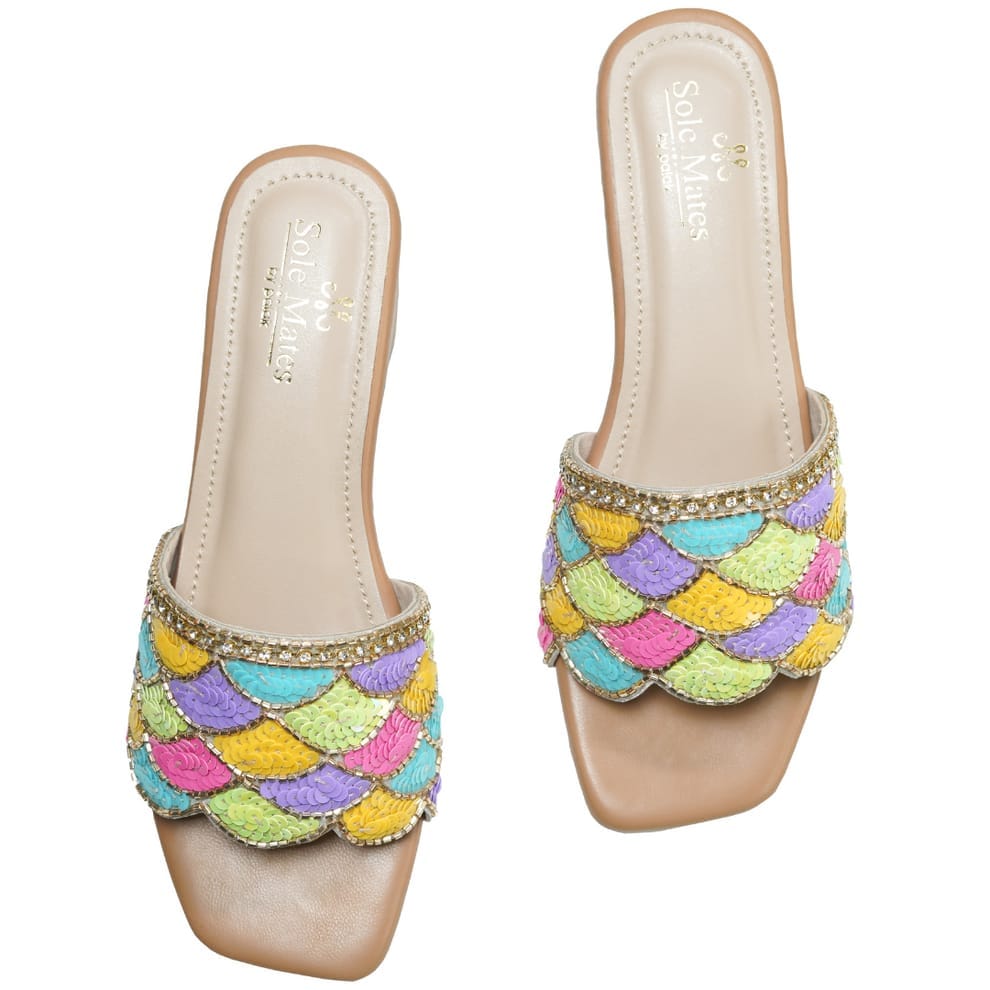 Women's Sequin Embroidered Slip-On Flats Sandals with Colorful Fish Scale Pattern