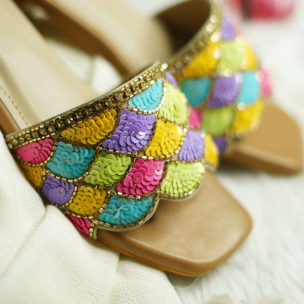 Women's Sequin Embroidered Slip-On Flats Sandals with Colorful Fish Scale Pattern