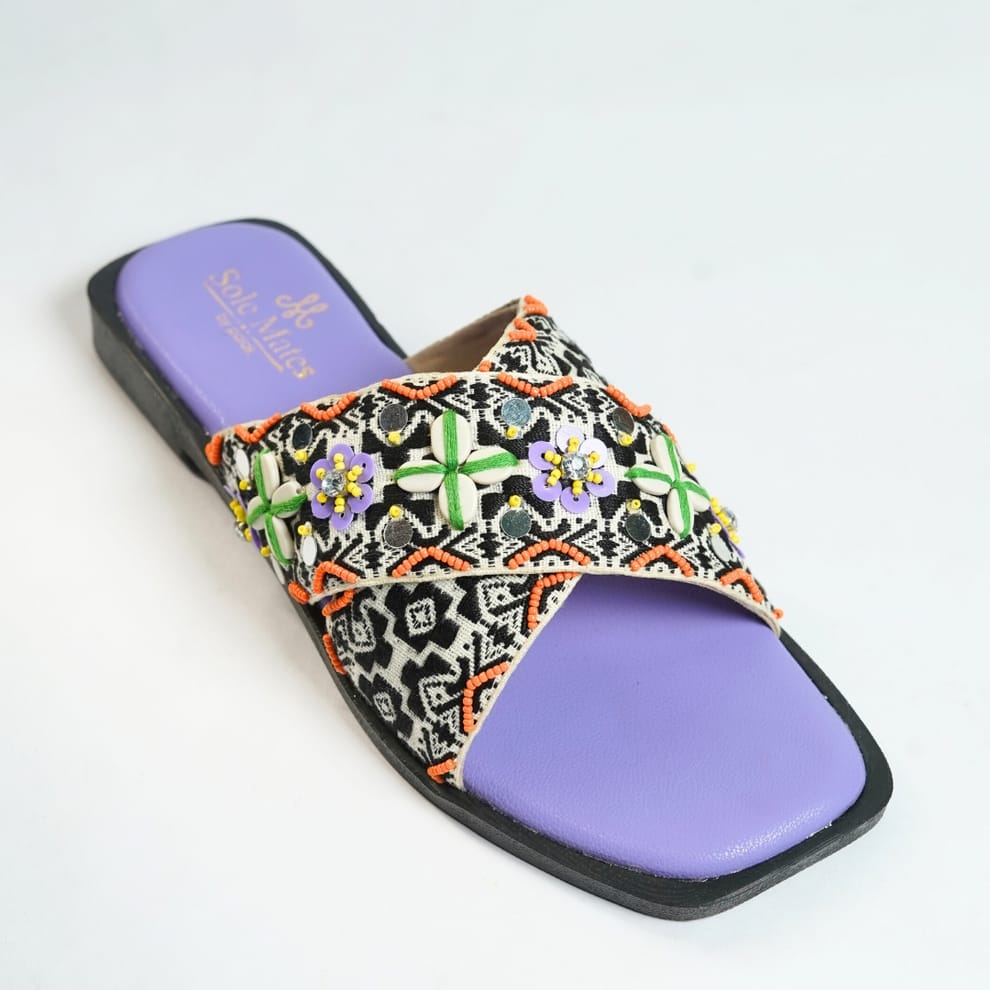 Women's Beaded Cross Strap Sandals with Purple Sole