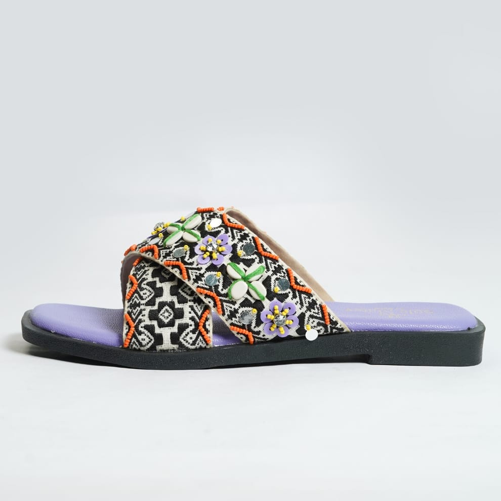Women's Beaded Cross Strap Sandals with Purple Sole