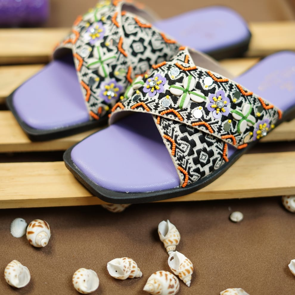  Women's Beaded Cross Strap Sandals with Purple Sole