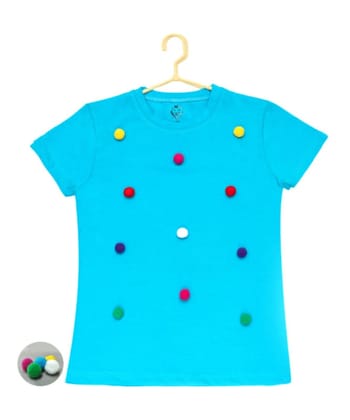 Girl's Casual Short Sleeve Pom Pom Balls Cotton T Shirt (Blue) PID49322