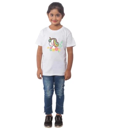Girls Cotton Unicorn Face Half Sleeve TShirt (White) PID41489