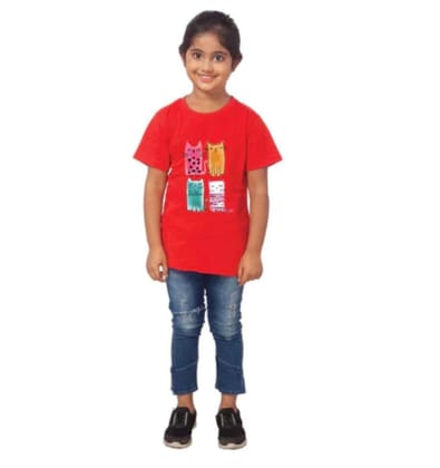 Girls Cotton Cat Half Sleeve TShirt (Red) PID41469