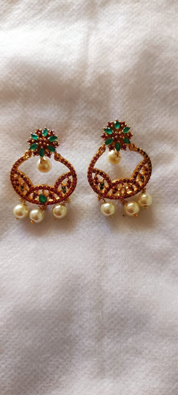 Pearl and green stone gold plated earrings