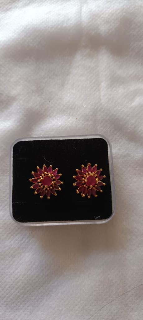 14KT Gold Plated Ruby Flower Stud Earrings - Earrings | Buy online on ZillyBuy