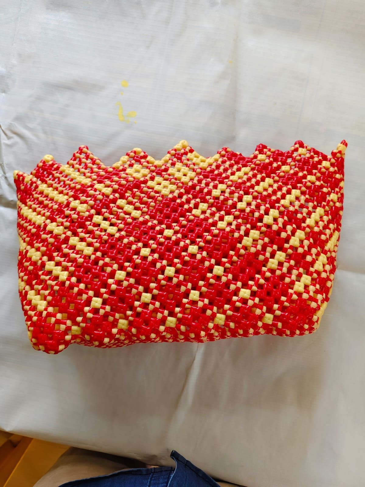 Beaded Handbag with Red and Yellow Geometric Pattern