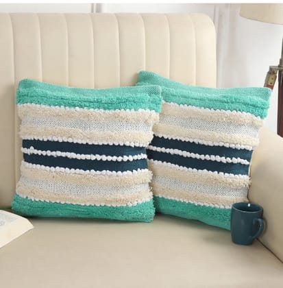 Cotton Striped Handcrafted Pit Loom Cushion Cover 16x16 Inch Pack of 2 (Green Cream) PID57591