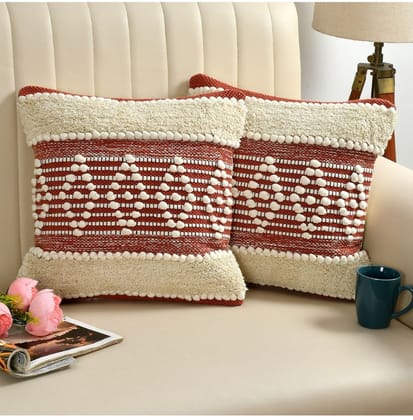 Cotton Handcrafted Pit Loom Cushion Cover 16x16 Inch Pack of 2 (Red Cream) PID57595