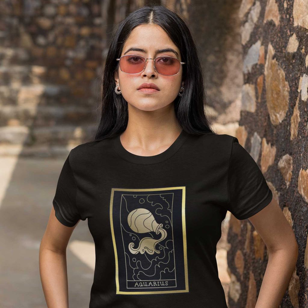 Affordable Women EqualLife Pure Cotton Bio-Washed T-Shirt Chest Printed-Zodiac Sign Series-1-AQU