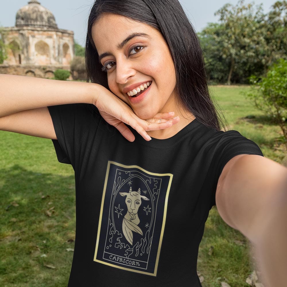 Premium Women EqualLife Pure Cotton Bio-Washed T-Shirt Chest Printed-Zodiac Sign Series-1-CAPRIC