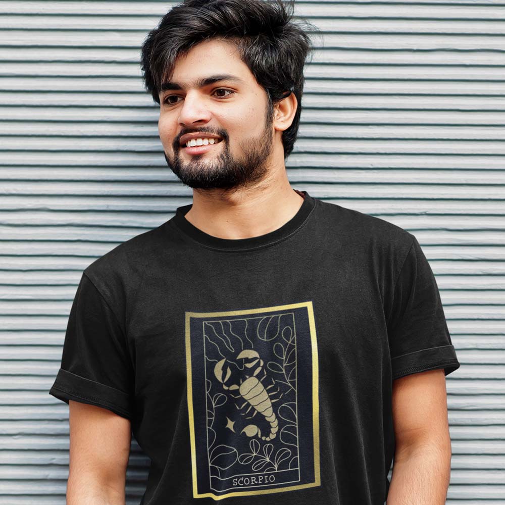 Best Men EqualLife Pure Cotton Bio-Washed T-Shirt Chest Printed-Zodiac Sign Series-1-SCORPIO Des