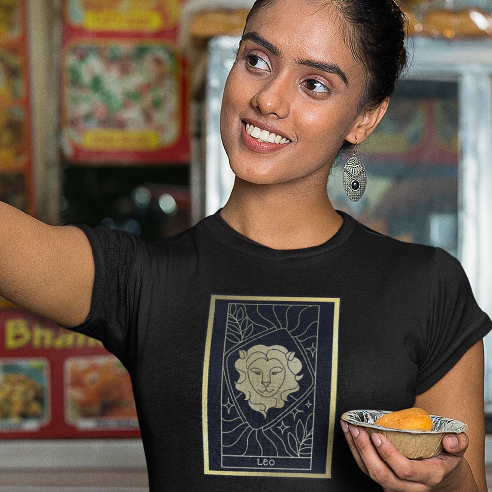 Trendy Women EqualLife Pure Cotton Bio-Washed T-Shirt Chest Printed-Zodiac Sign Series-1-LEO Des