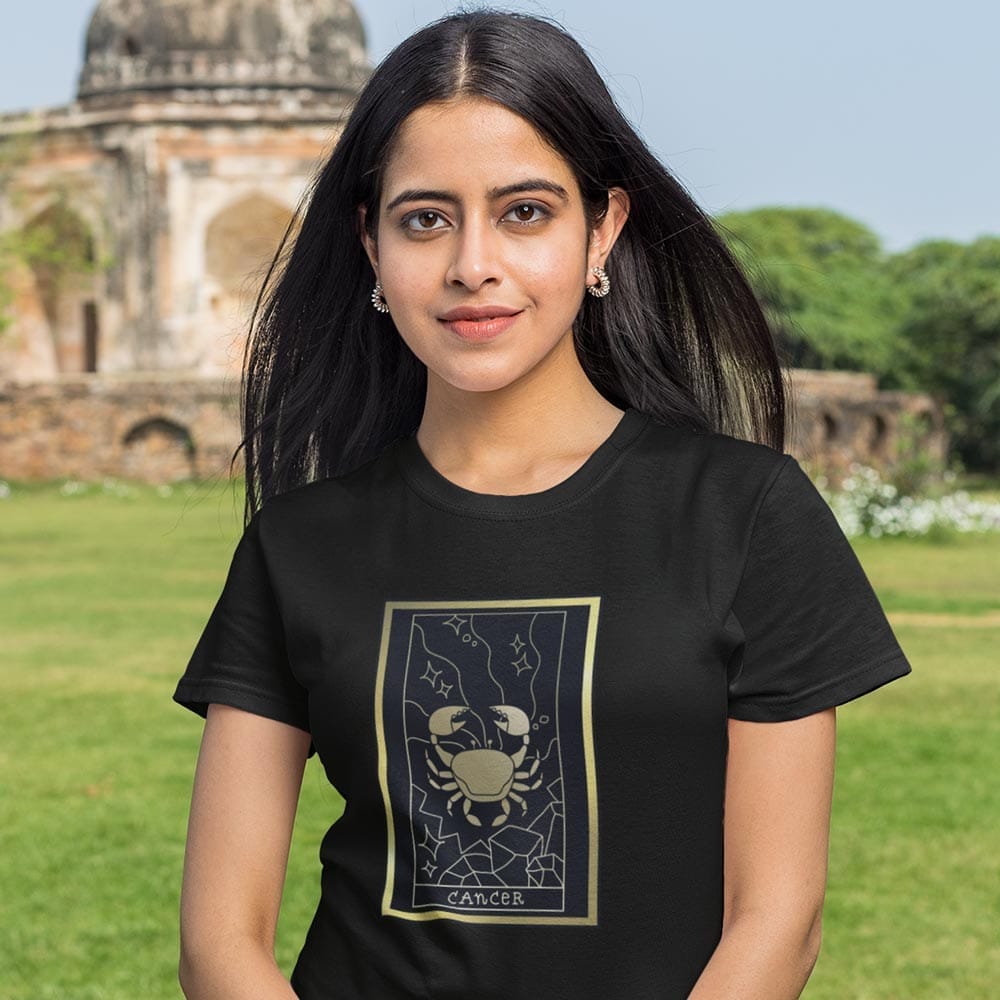 Top Women EqualLife Pure Cotton Bio-Washed T-Shirt Chest Printed-Zodiac Sign Series-1-CANCER Des