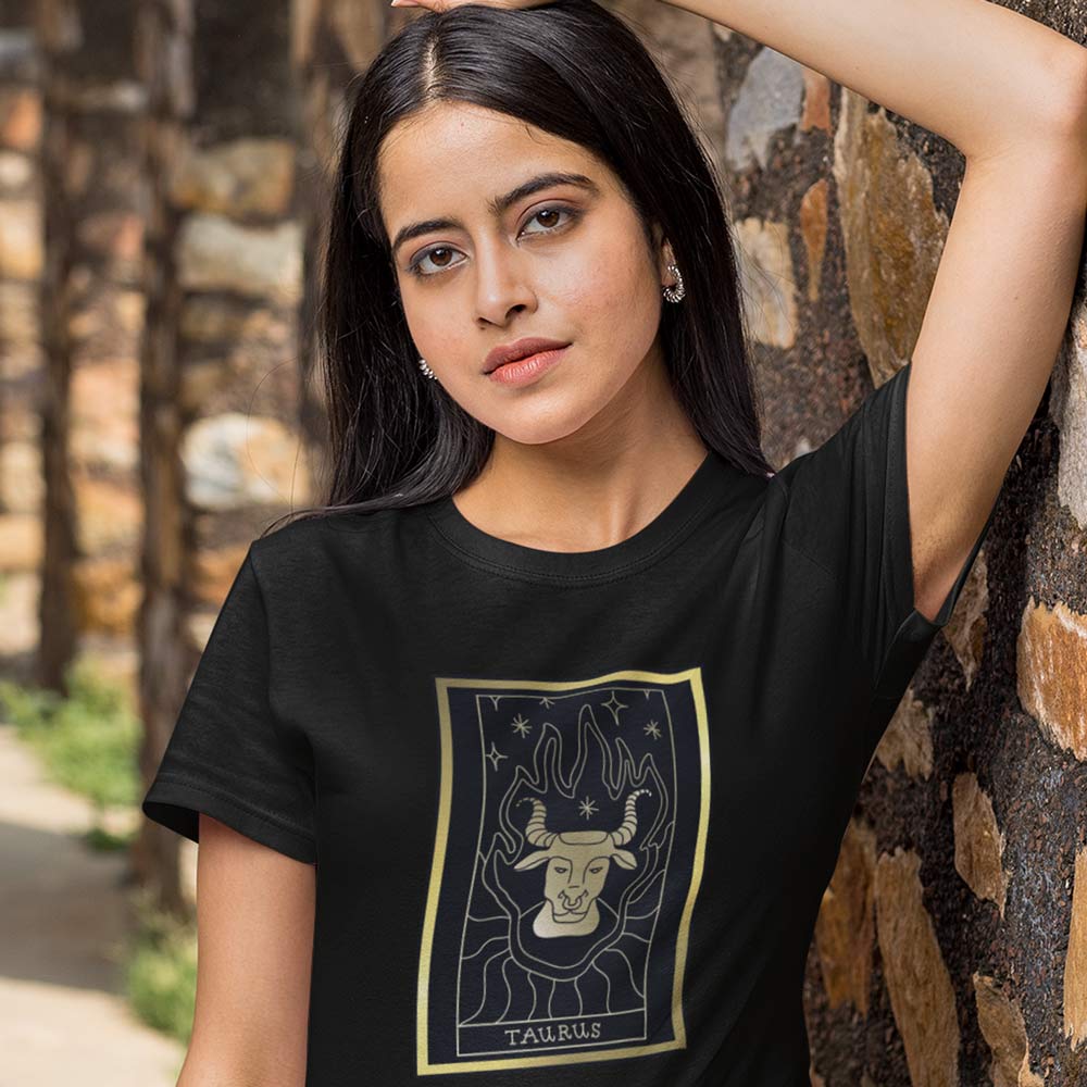 New Women EqualLife Pure Cotton Bio-Washed T-Shirt Chest Printed-Zodiac Sign Series-1-TAURUS Des