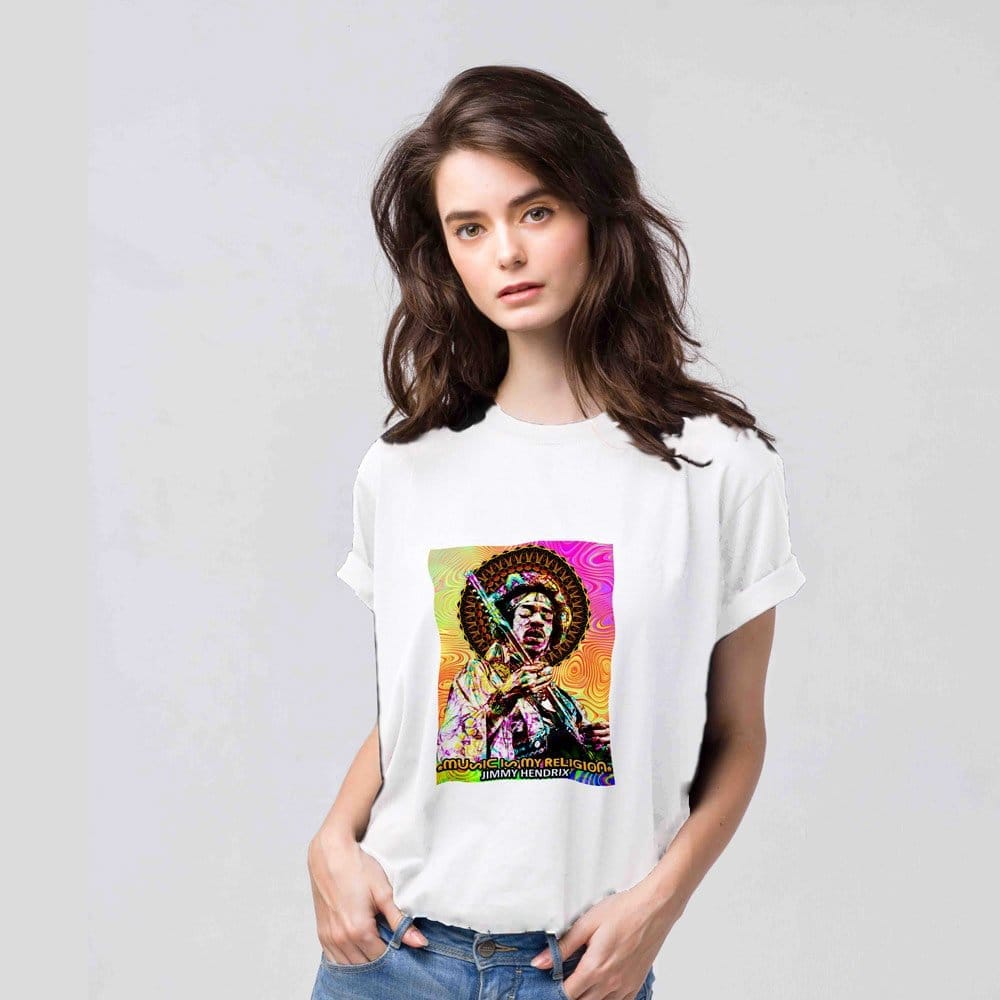 Trendy Women EqualLife Pure Cotton Bio-Washed T-Shirt Chest Printed-Legends-Jimmy Hendrix-by Zin