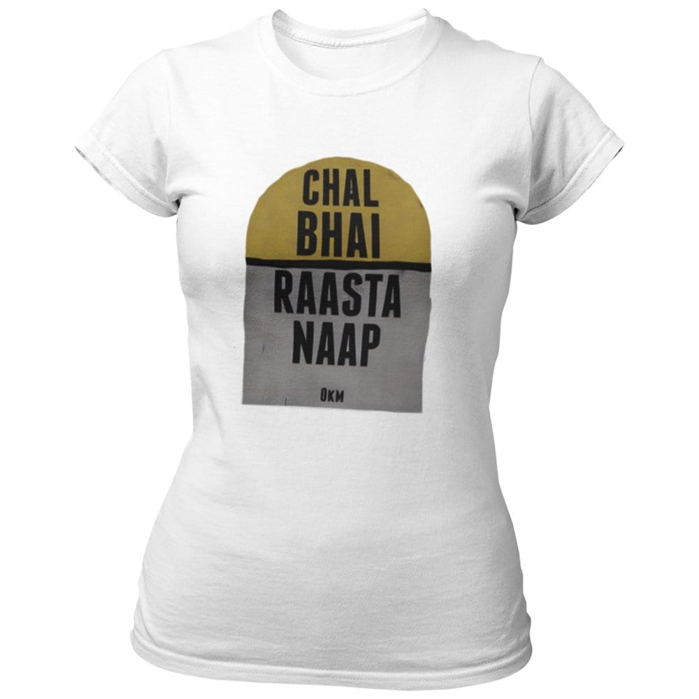 EqualLife Pure Cotton Bio-Washed Chest Printed T-Shirt - Funny Tees - Chal Bhai Raasta Naap Design 4 - by ZingerTees-Women-EL9120622-F