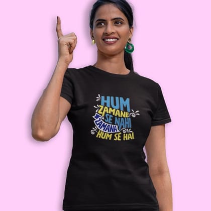 EqualLife Pure Cotton Bio-Washed Chest Printed T-Shirt - Funny Tees - Hum Zamane Se Nahi Design 7 - by ZingerTees-Women-EL9120625-F
