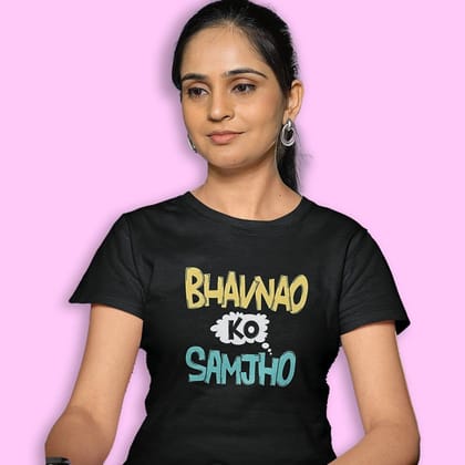 EqualLife Pure Cotton Bio-Washed Chest Printed T-Shirt - Funny Tees - Bhavnao Ko Samjho Design 24 - by ZingerTees-Women-EL9120642-F
