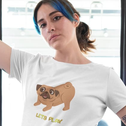EqualLife Pure Cotton Bio-Washed T-Shirt Chest Printed-Funny Dog Life Series - 2 - Lets Play Design-by ZingerTees-Women-EL9120132-F