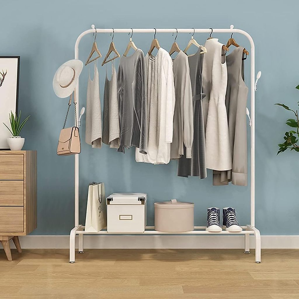 White Metal Clothing Rack with Bottom Shelf, Double