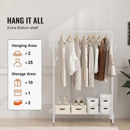 White Metal Clothing Rack with Bottom Shelf, Double